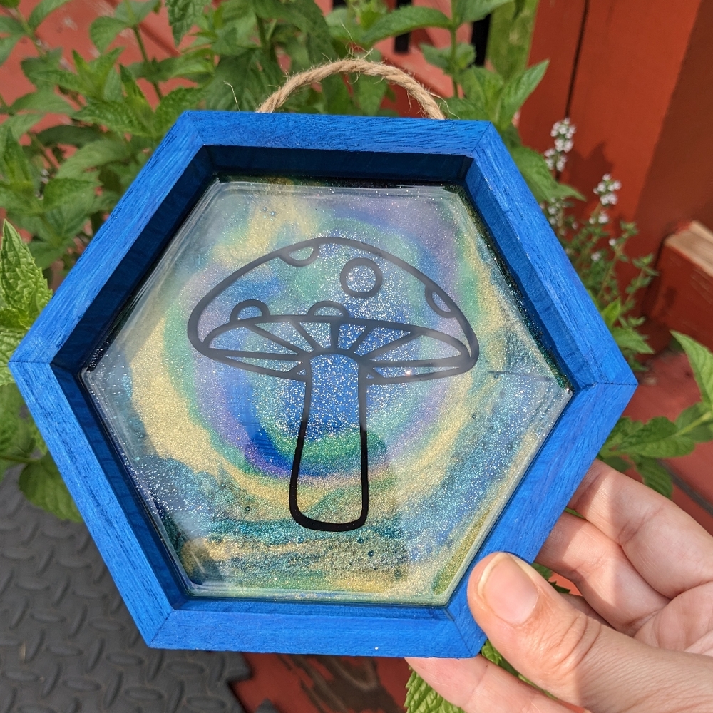 Mushroom Wall Hanging Blue Wood Shadowbox Art Handmade Nature Cottagecore - Picture 5 of 11